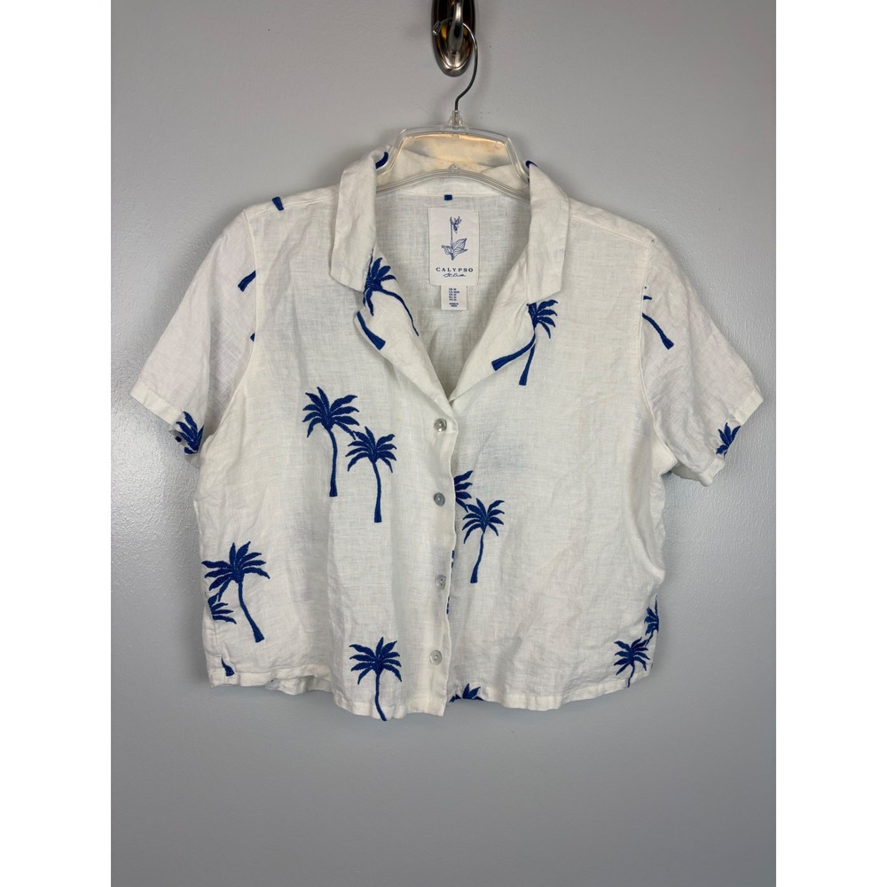 Calypso St Barth Medium White Linen Blue Embroidered Palm Tree Crop Shirt Button